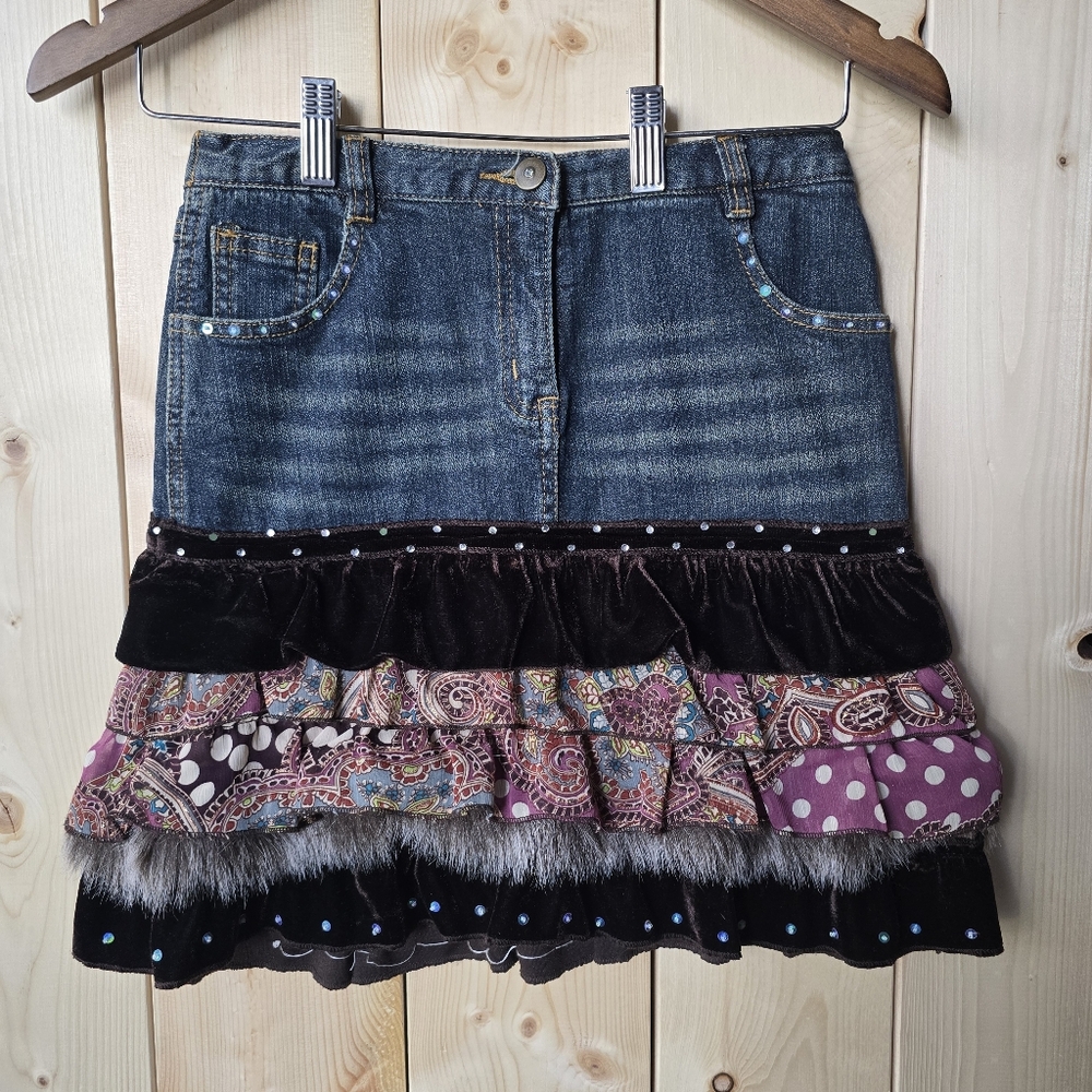 Blu Denim Multi Patterned Tiered Ruffle Faux Fur Mini Skirt Girls Size 12